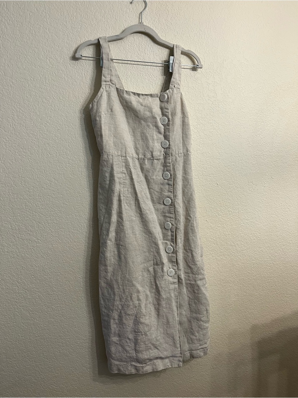 Mango 100% linen Button-Front Midi Dress in Light Beige